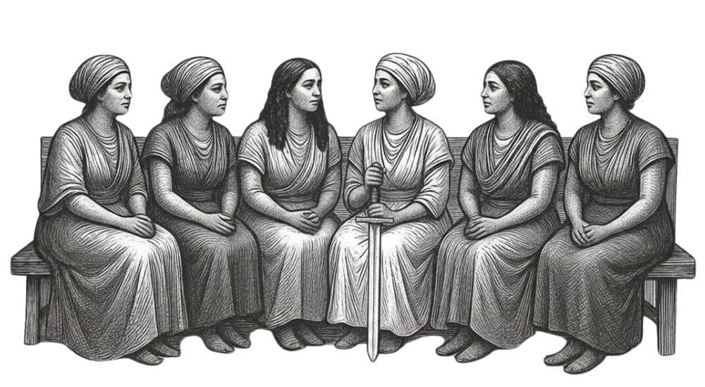 Six women in traditional dress seated together on a wooden bench. The central figure holds a vertical sword, blade pointing down to the ground.