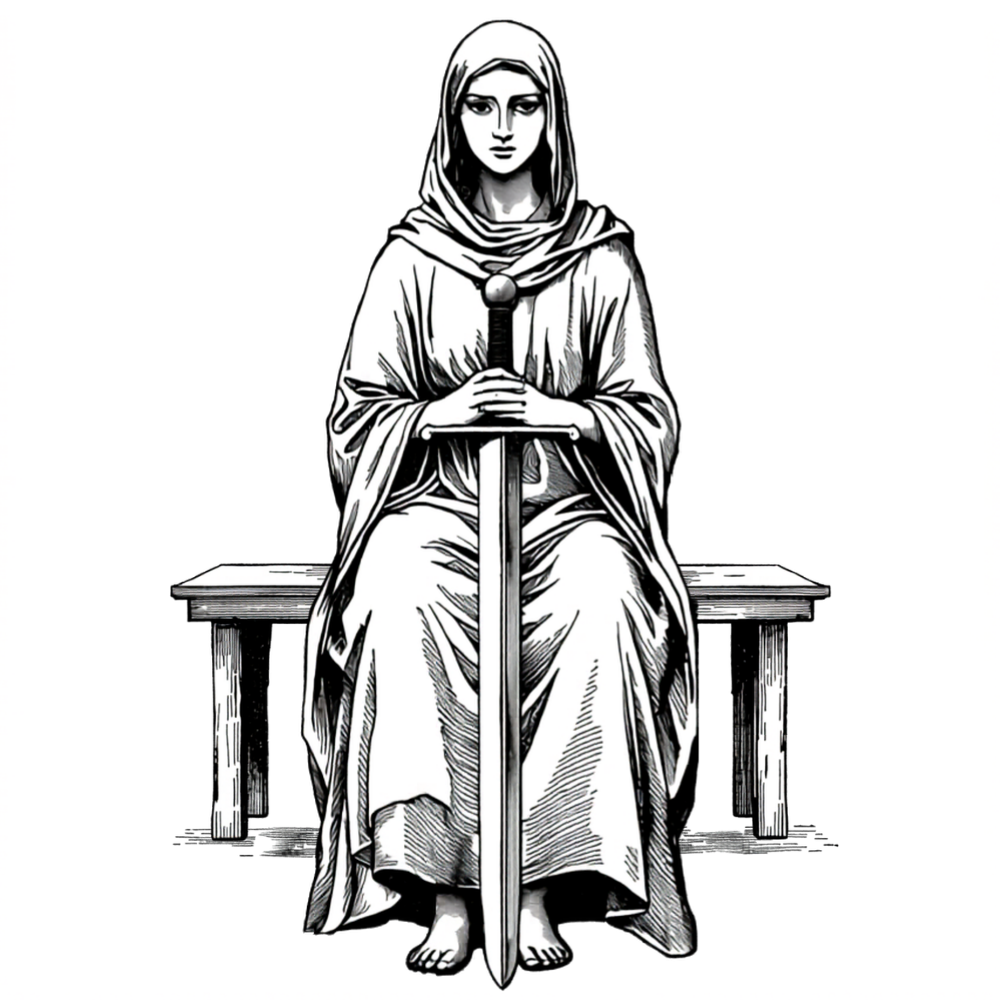 A seated woman in flowing robes on a wooden bench, holding a vertical sword between her feet, blade pointing down.